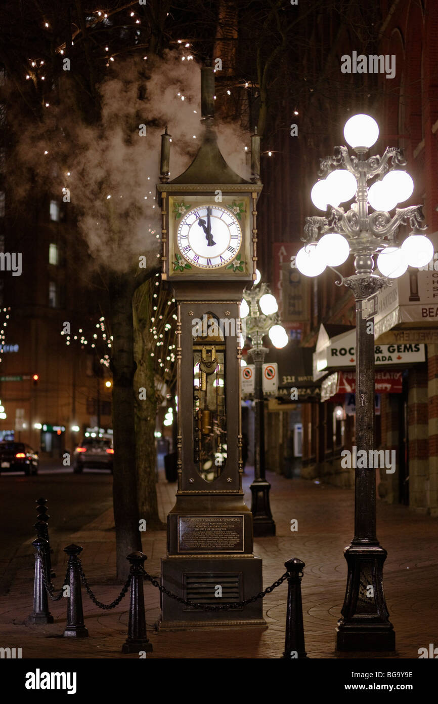 Horloge à vapeur de Gastown, de nuit, Vancouver, BC, Canada Banque D'Images