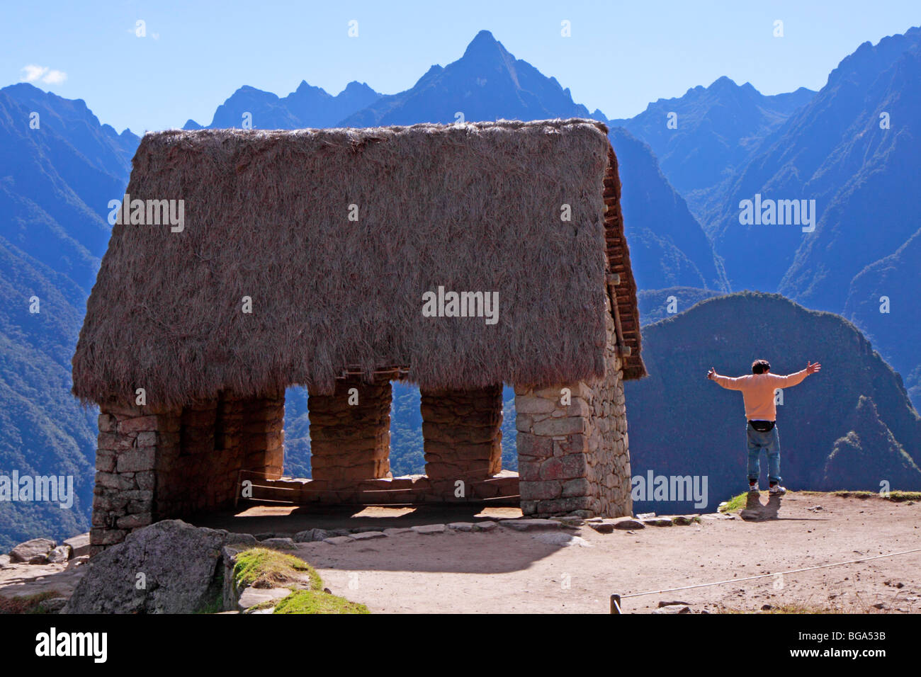 Cabane en pierre au sommet de la ruines de Machu Picchu, Pérou, Amérique du Sud Banque D'Images