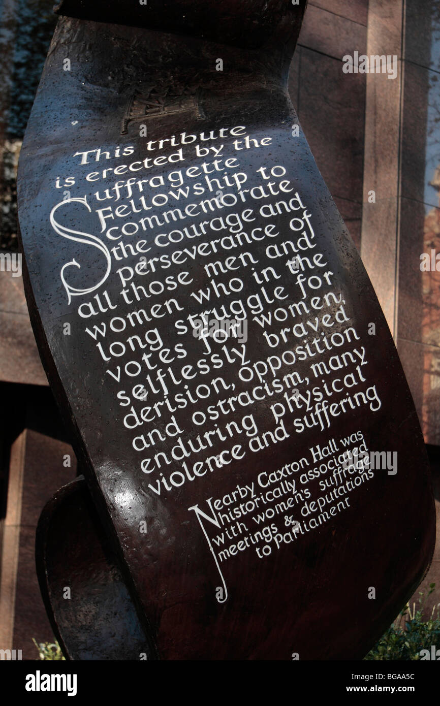 Close up detail de la suffragette Tribute Memorial Fellowship, près de Caxton Hall, Victoria, Londres. Banque D'Images