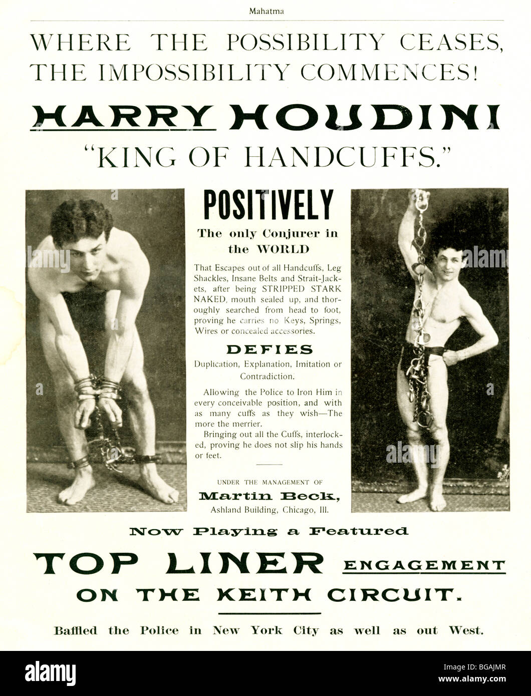 Houdini, roi de menottes, 1900 magic magazine publicité pour la célèbre jeune magicien et escapologist Banque D'Images