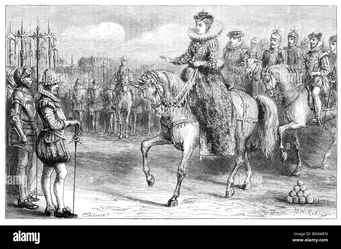 La reine Elizabeth I la prestation de son discours à des forces anglaises à Tilbury, Août 1588 Banque D'Images