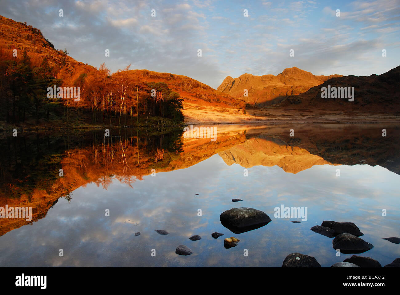 Langdale Pikes reflète dans Blea Tarn à l'aube dans le Lake District Banque D'Images