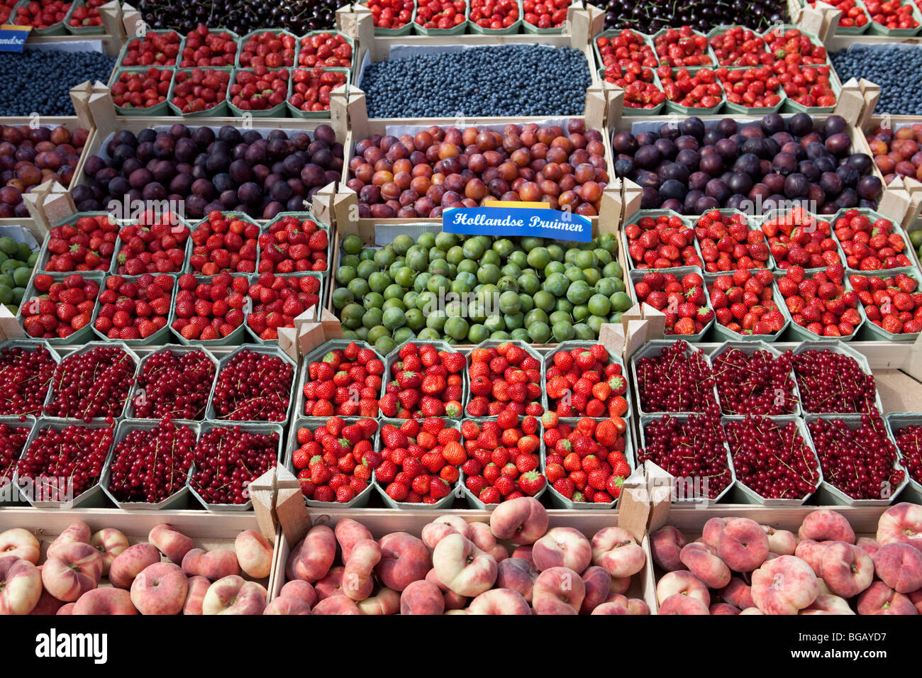 Fruits, market stall, fraises, bleuets, prunes, pêches, cerises. Marché de producteurs néerlandais. Delft, Pays-Bas. Banque D'Images