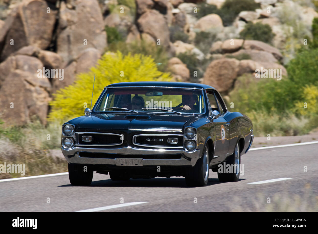 Un 1966 Pontiac GTO qui participe au rallye 1000 Copperstate en Arizona, États-Unis Banque D'Images