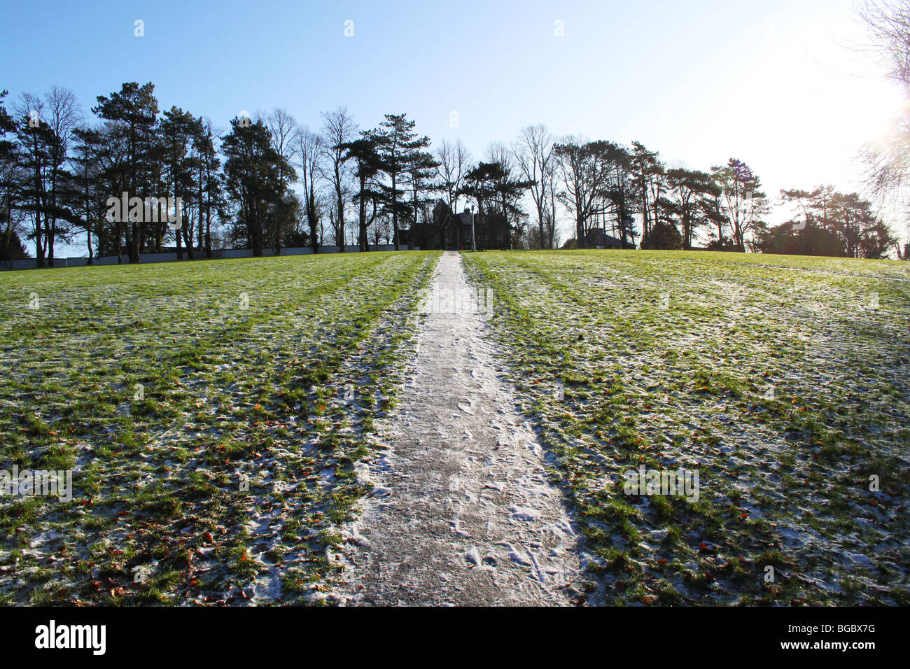 L'herbe givrée et pathway, St Giles Hill, Winchester, Hampshire Banque D'Images