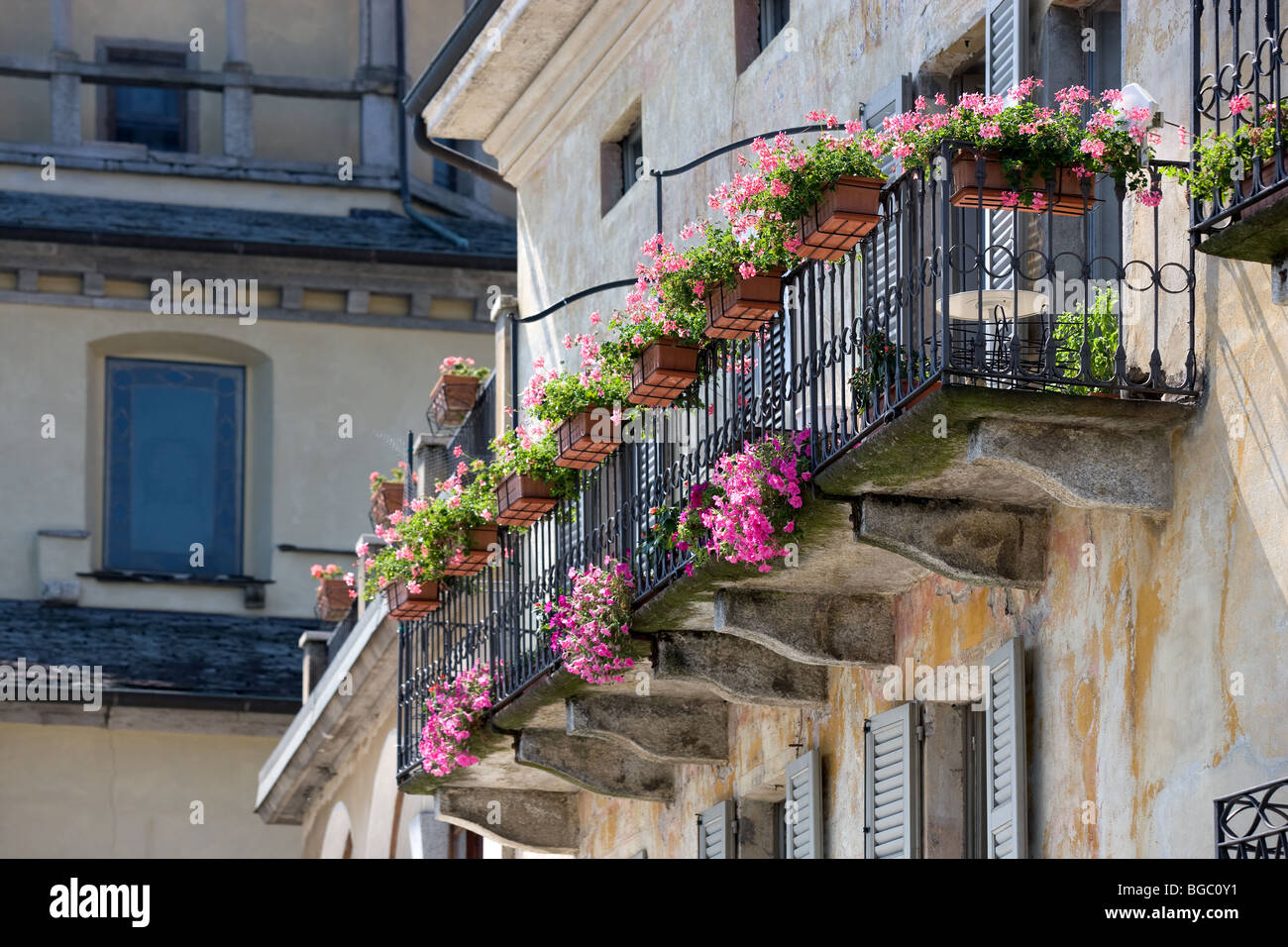 L'Europe, Italie, Piémont, lac Majeur, Cannobio, balcons, géraniums, fleurs Banque D'Images