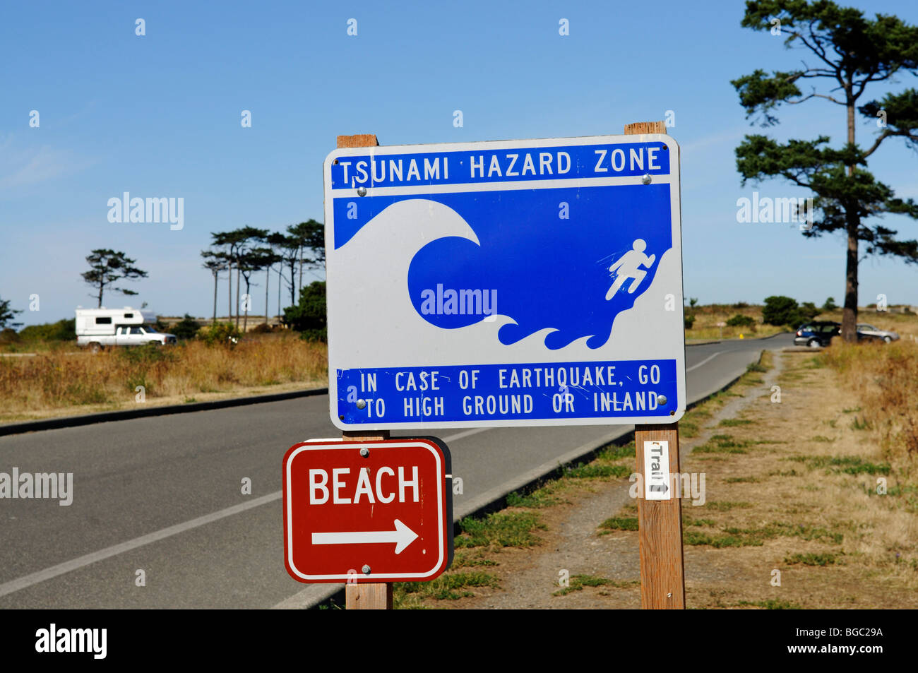 Alerte aux tsunamis, signe, Fort Worden State Park, Port Townsend, Washington State, USA Banque D'Images
