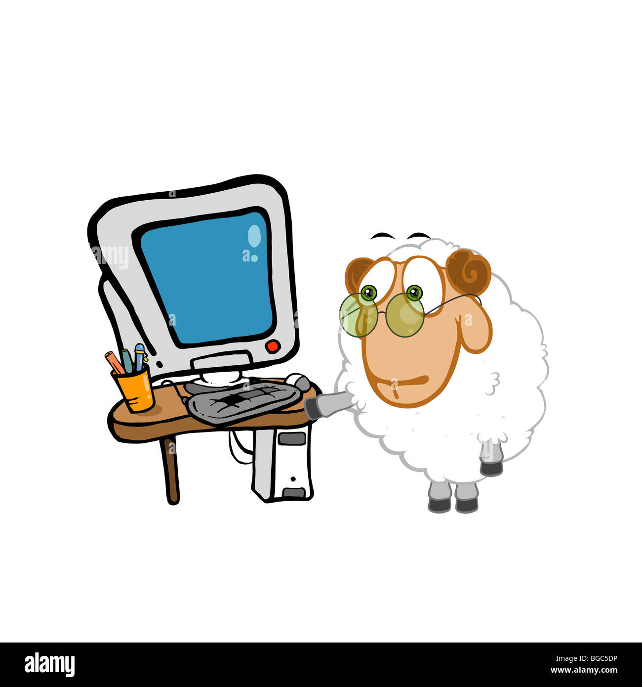 Funny mouton représente son travail. Cartoon image contient une table  d'ordinateur, PC de bureau, des ustensiles, des moutons à lunettes vert  Photo Stock - Alamy