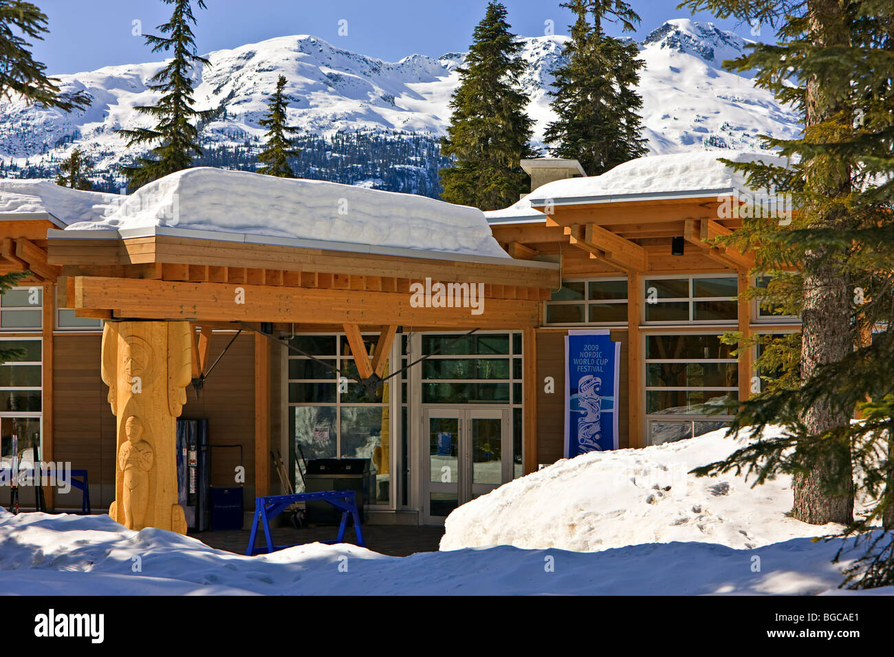 Jour Lodge au Parc olympique de Whistler, sport nordique Callaghan Valley, British Columbia, Canada. Banque D'Images