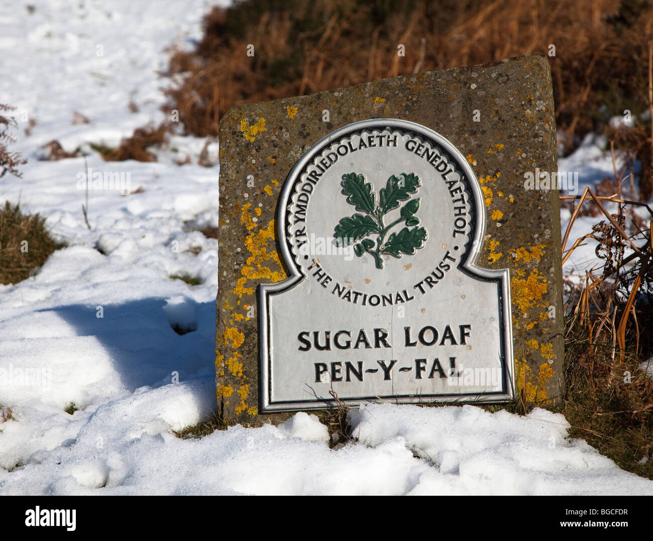 National Trust signe pour le mont du Pain de Sucre en hiver Wales UK Banque D'Images