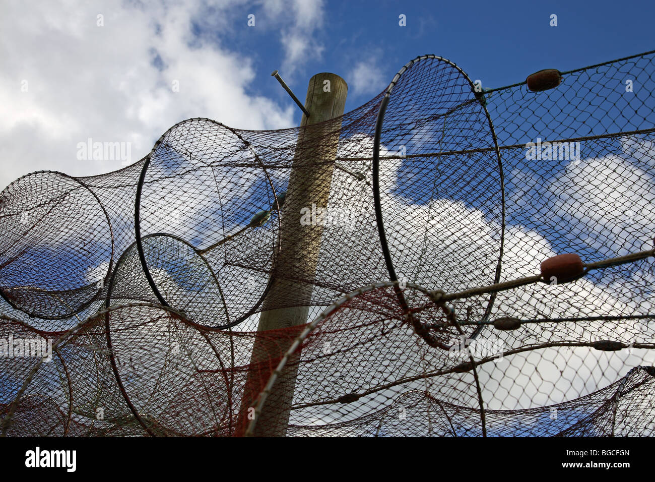 Le séchage du poisson filets-trappes sur le séchage du terrain contre un ciel bleu avec des nuages blancs. Banque D'Images