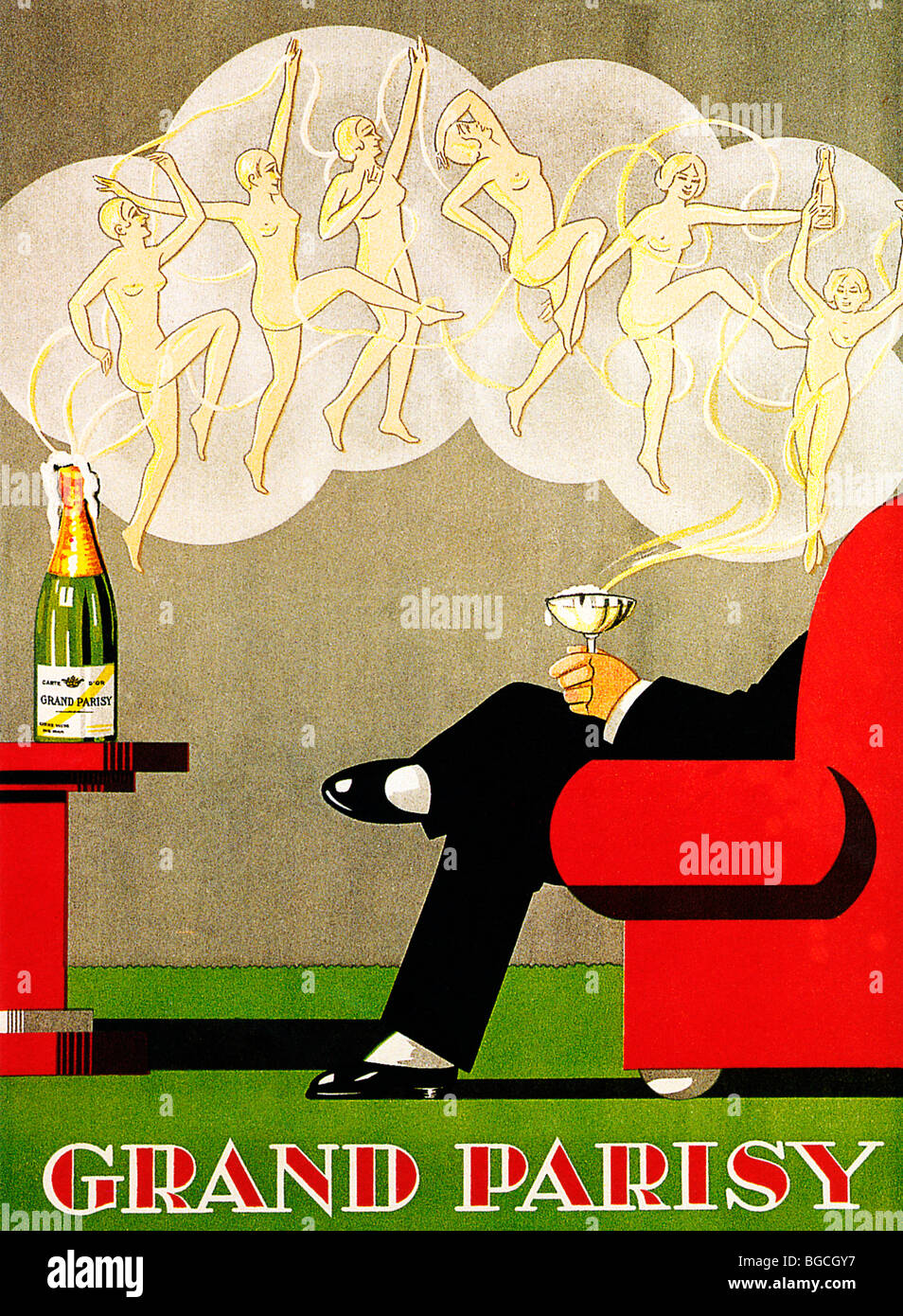 Grand Parisy, Art déco 1930 affiche pour le champagne français, dont les bulles se transformer en une chaîne de danseuses Banque D'Images