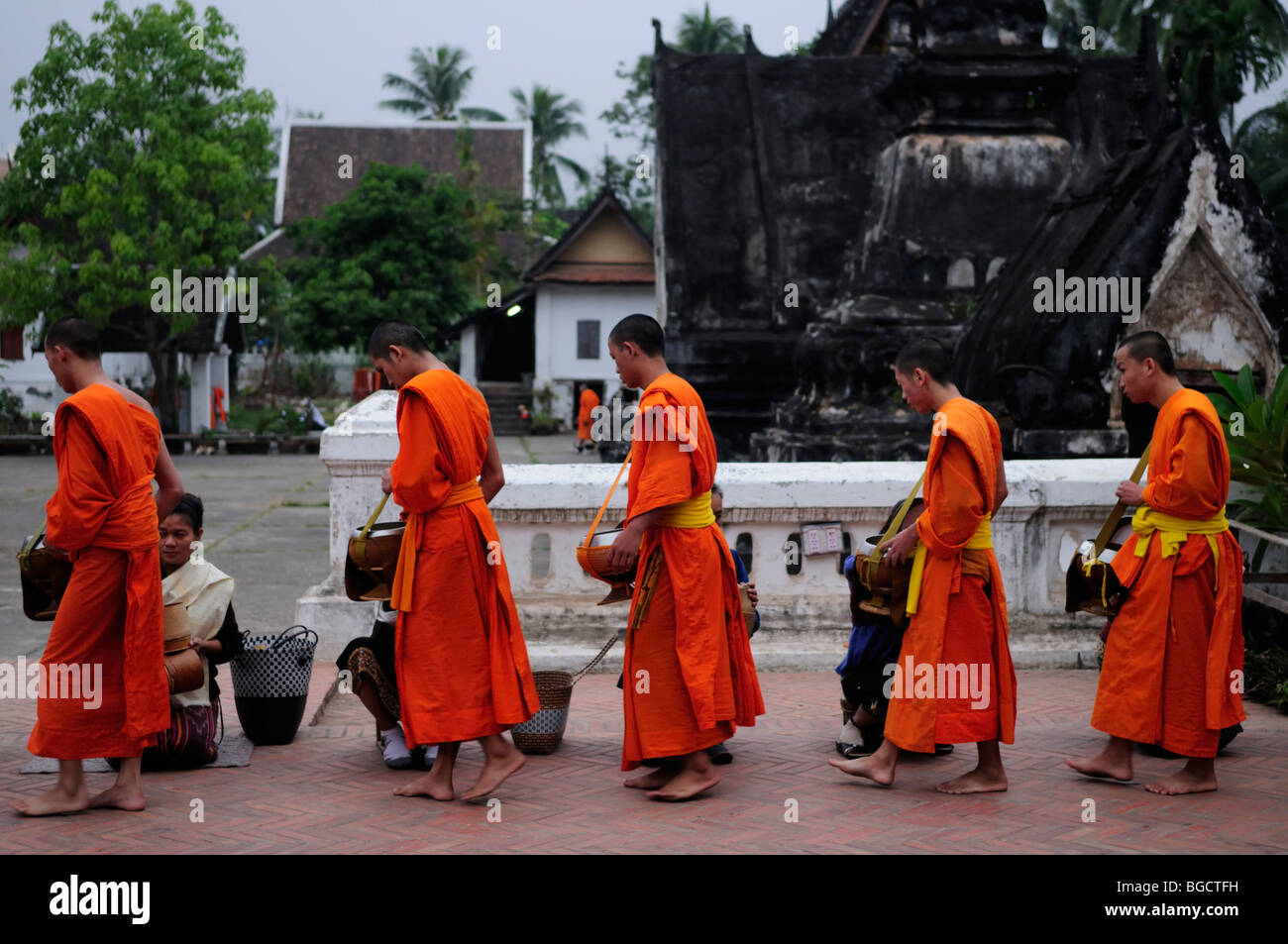 Le Laos, Luang Prabang ; moines recevant l'aumône à l'aube Banque D'Images
