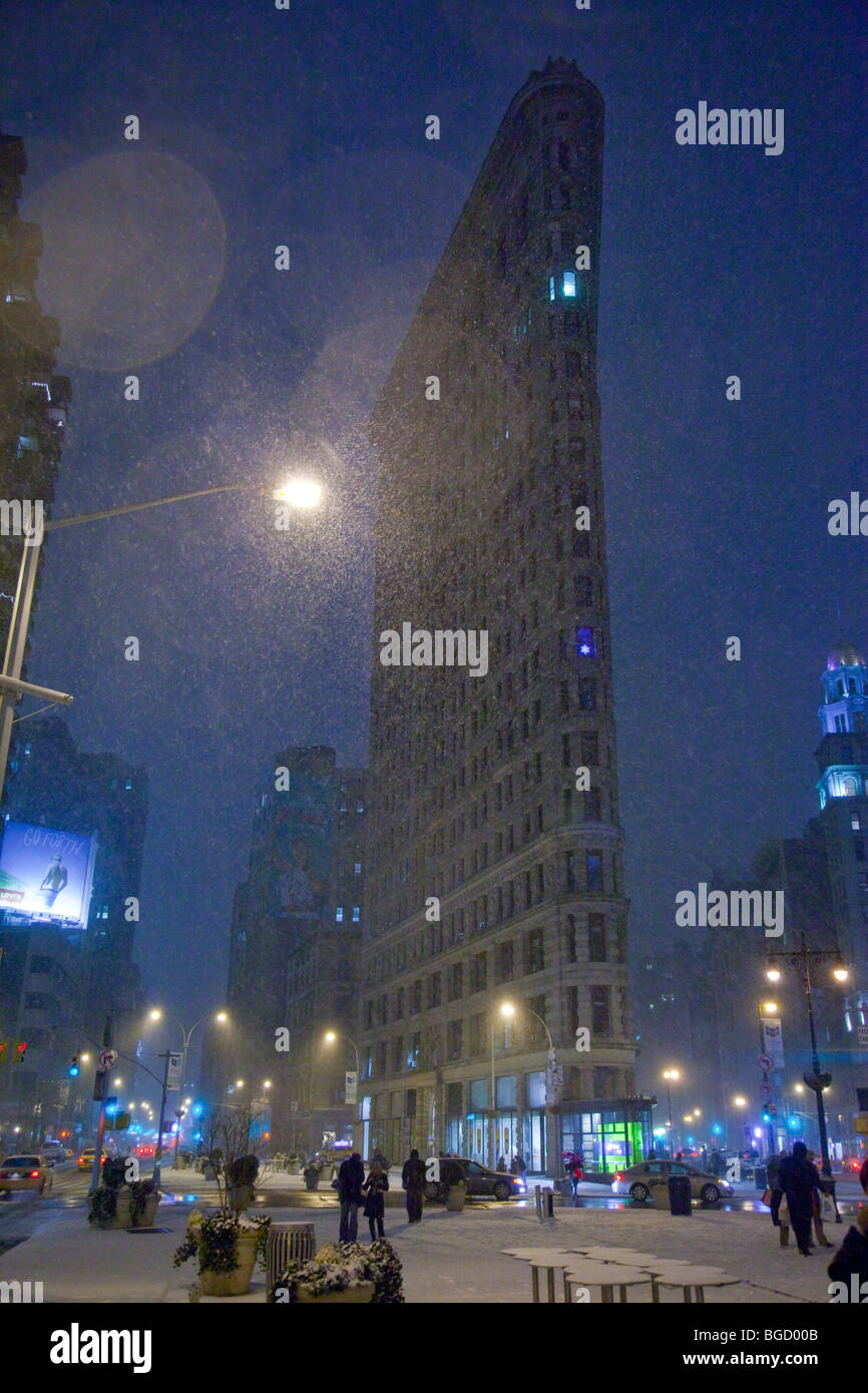 Flatiron Building, pendant une tempête à Manhattan, New York City Banque D'Images