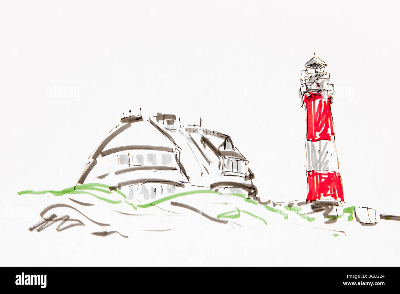 Hoernum phare, l'île de Sylt, dessin, artist Gerhard Kraus, Kriftel Banque D'Images