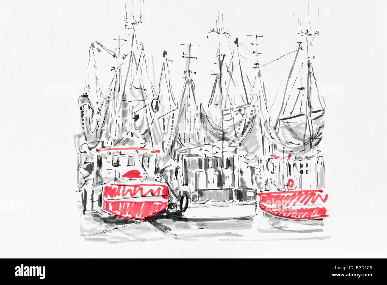 Bateaux de pêche de la région de Greetsiel, dessin, artist Gerhard Kraus, Kriftel Banque D'Images