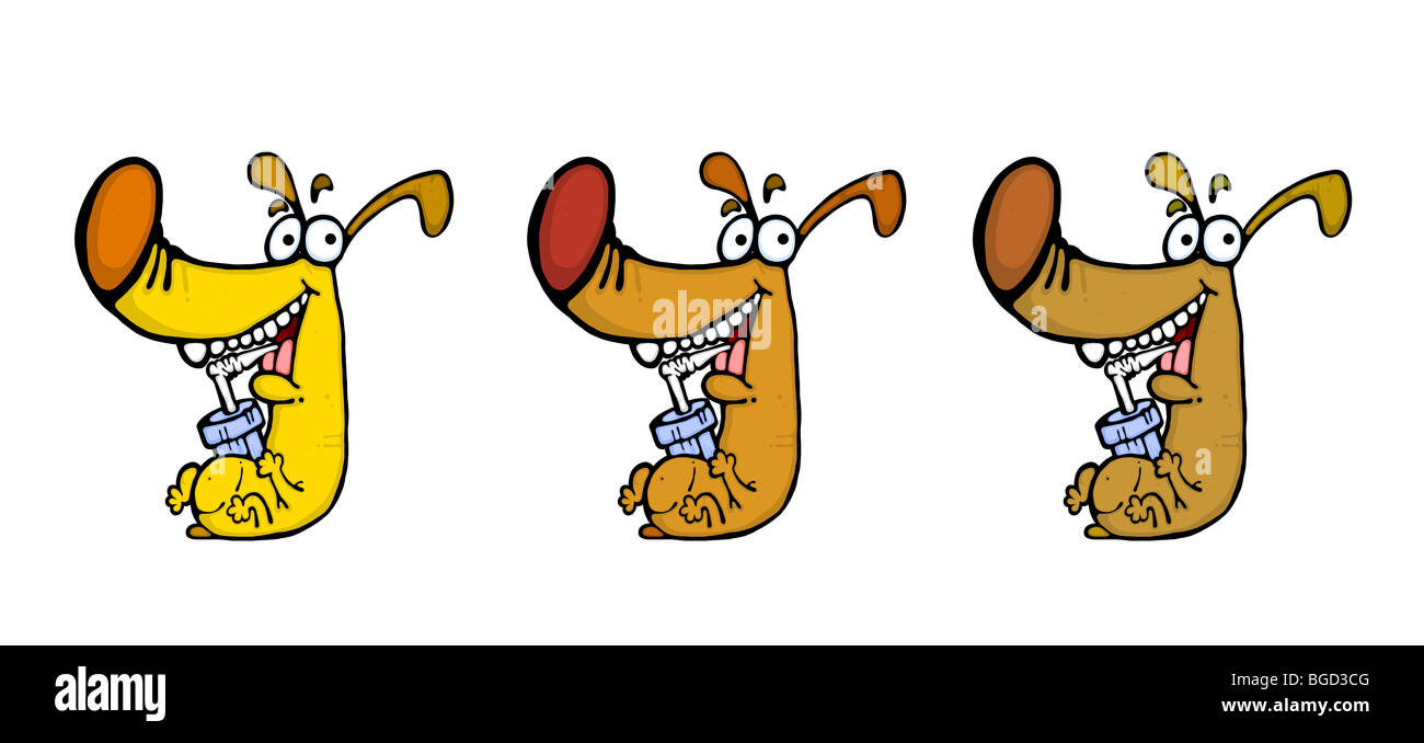 Chien intelligent vit avec des privilèges spéciaux. Trois chiens relaxant boire de soude avec tube. Heureux animal en cartoon style isolated on white Banque D'Images