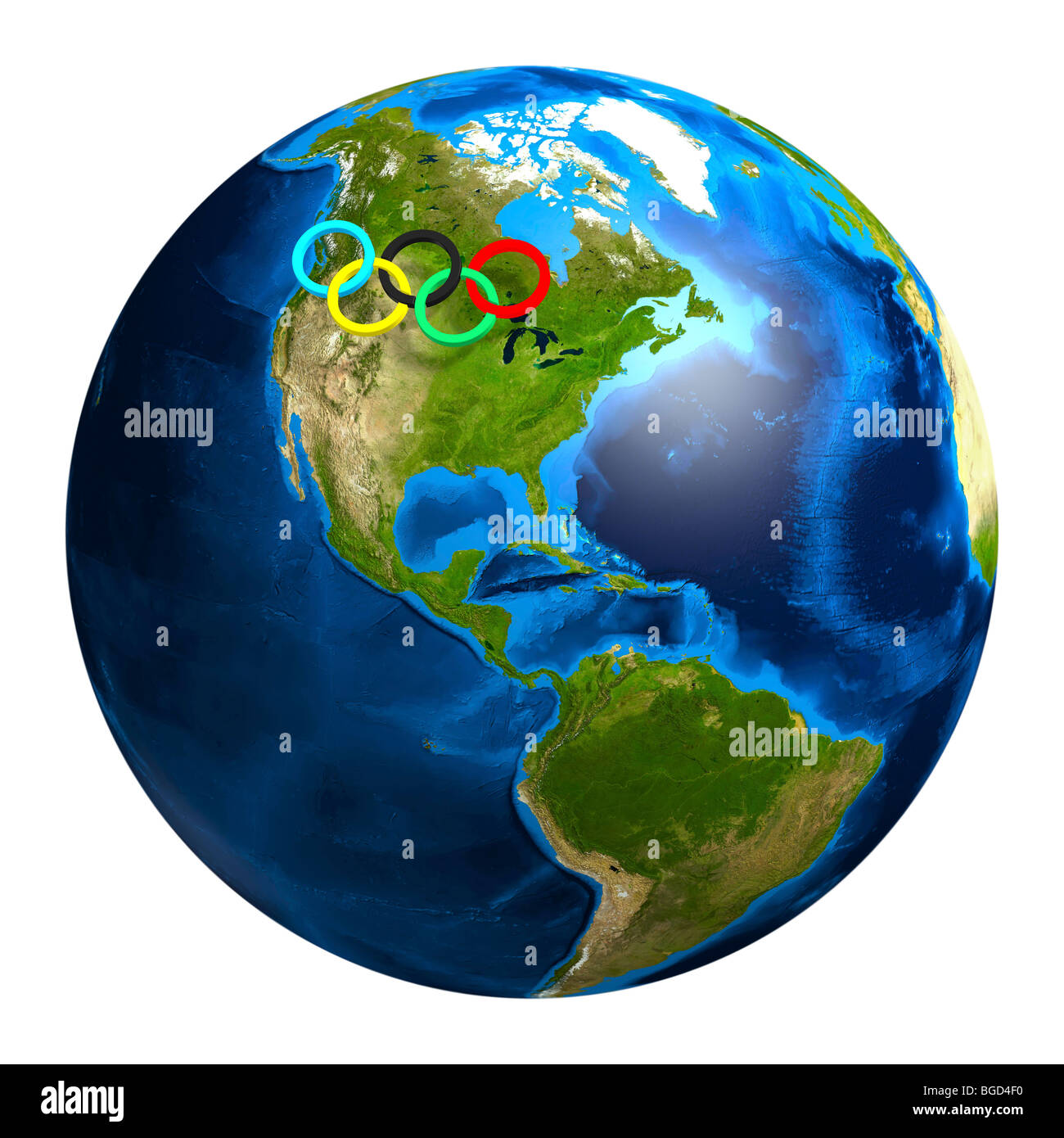 Anneaux olympiques Canada sur le globe de la Terre. Concept de 2010 à Vancouver avec un symbole de la feuille d'érable. Isolé sur fond blanc. Banque D'Images