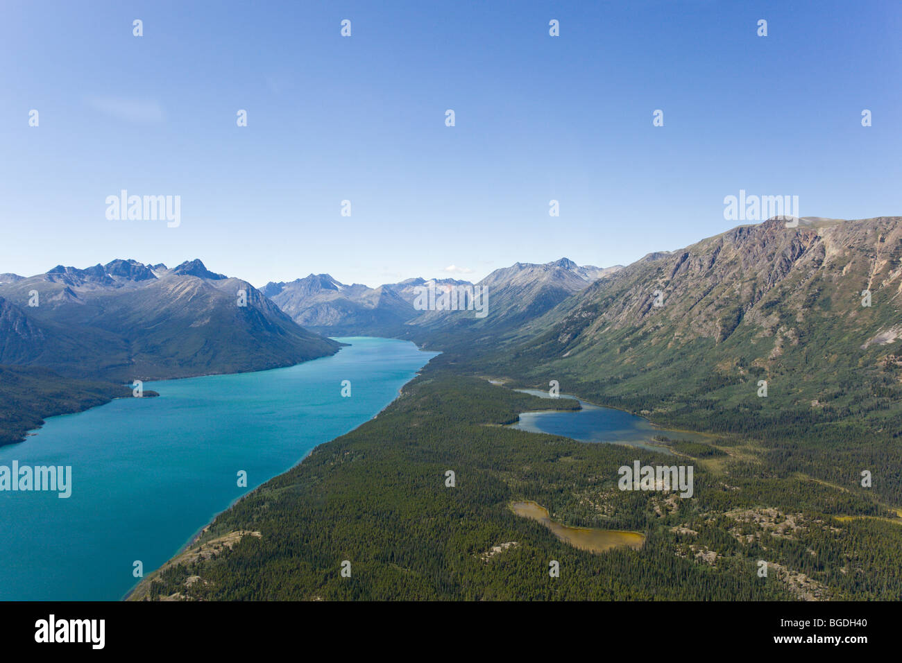 Vue aérienne de Taku Arm du lac Bennett, historique du col Chilkoot, piste, Chaîne Côtière derrière, Territoire du Yukon, de la colonne Banque D'Images