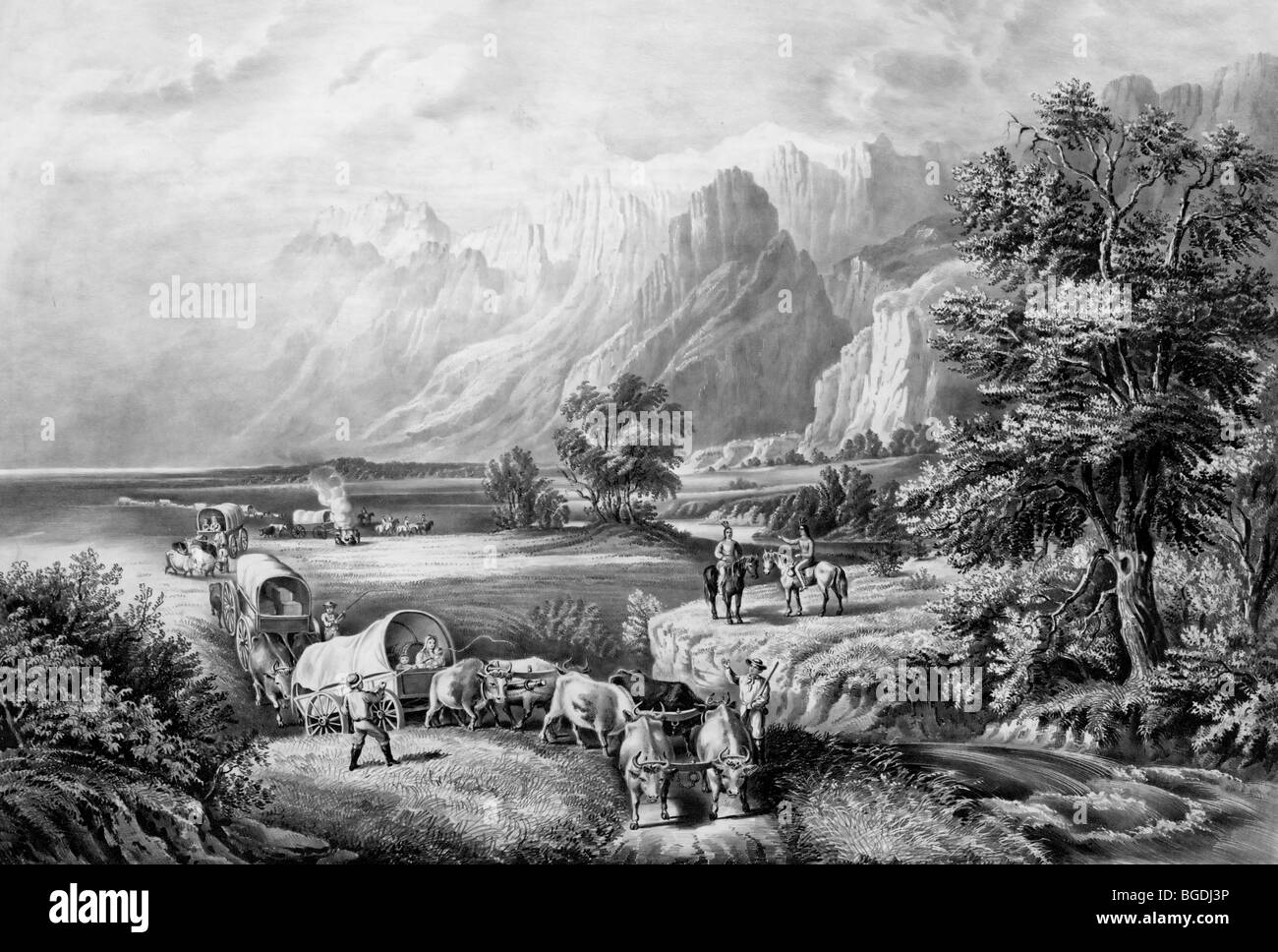 Les montagnes Rocheuses : emigrants traversant les plaines Banque D'Images