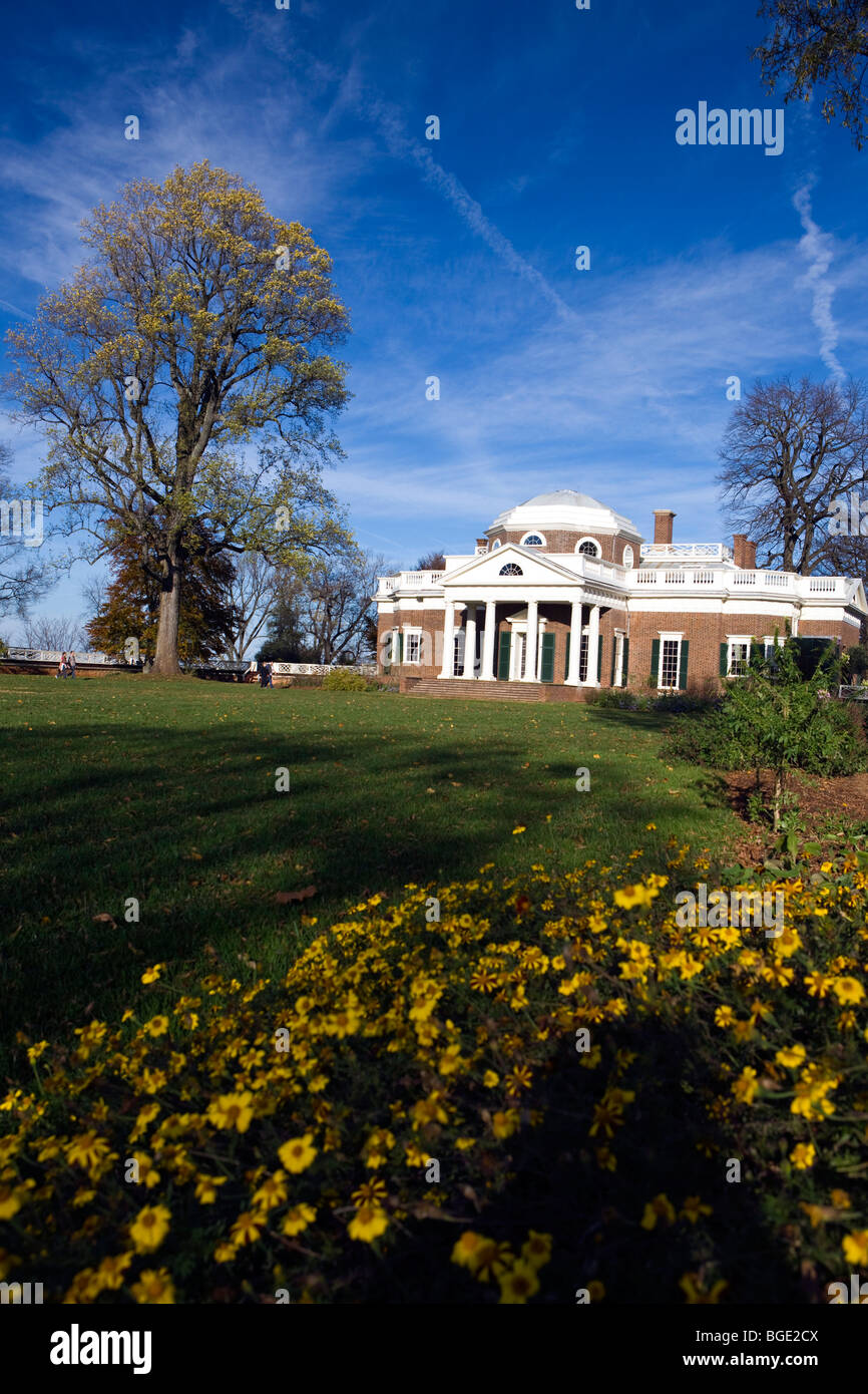 Monticello, la maison de Thomas Jefferson avec fleurs jaunes en jardin, Charlottesville, Virginia, USA. Banque D'Images