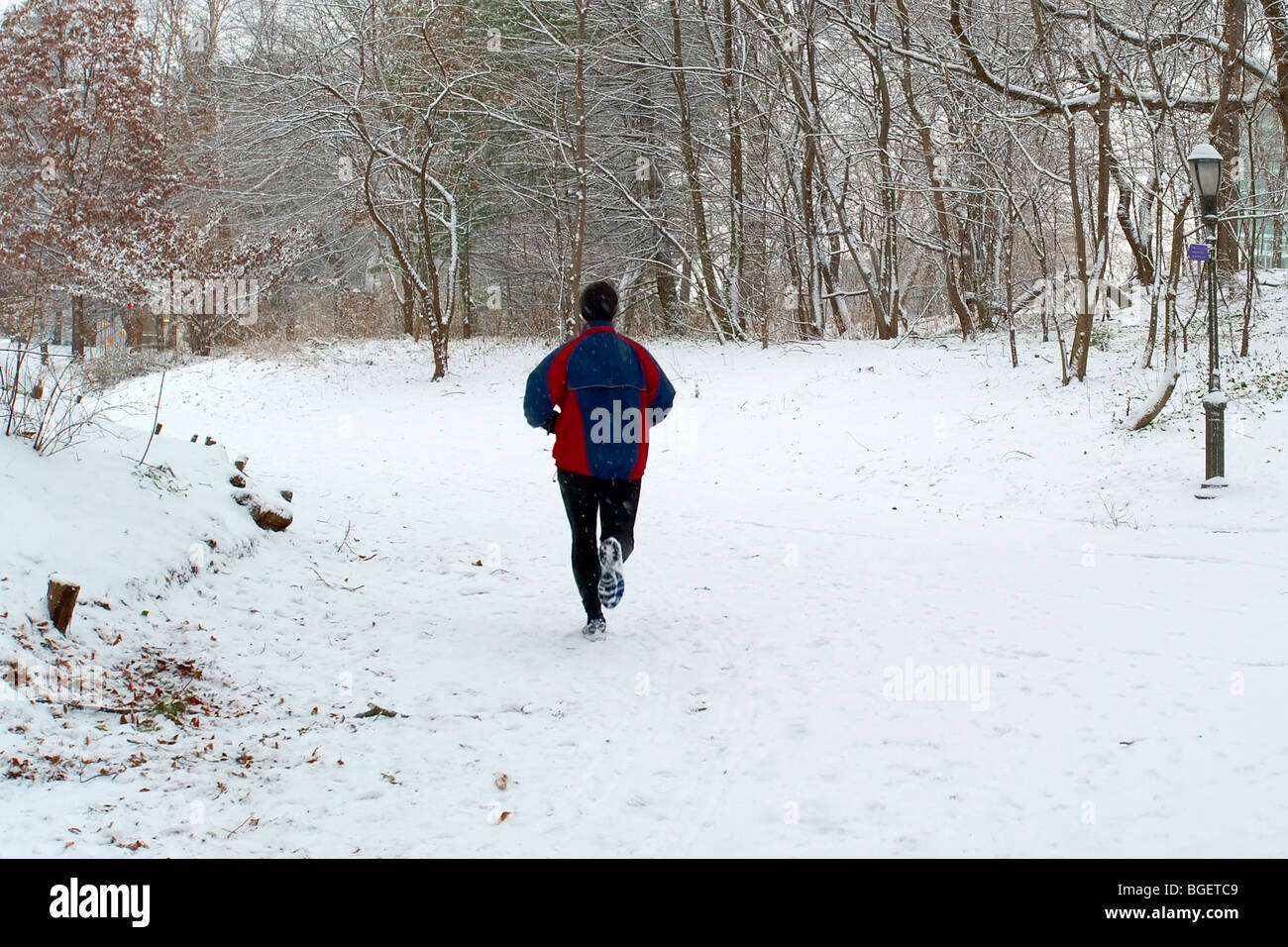 Un jogger fait son chemin le long d'un sentier enneigé à Prospect Park, Brooklyn, NY Banque D'Images