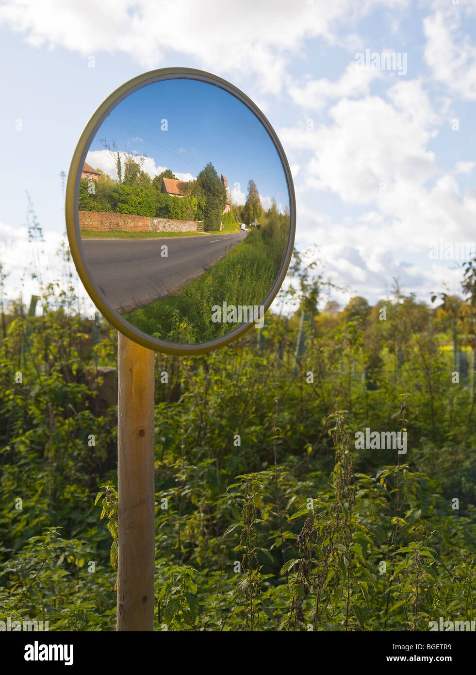 Miroir d'une route, pour montrer toute la circulation venant en sens inverse le virage. Frontières du Hampshire et du Dorset. UK Banque D'Images