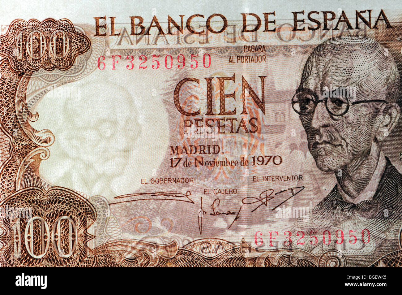 Billet de 100 pesetas espagnoles de 1970 montrant le filigrane illustrant Manuel de Falla Banque D'Images