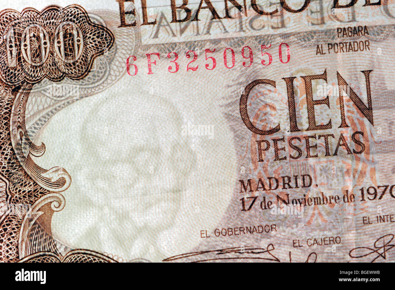 Billet de 100 pesetas espagnoles de 1970 montrant le filigrane illustrant Manuel de Falla Banque D'Images