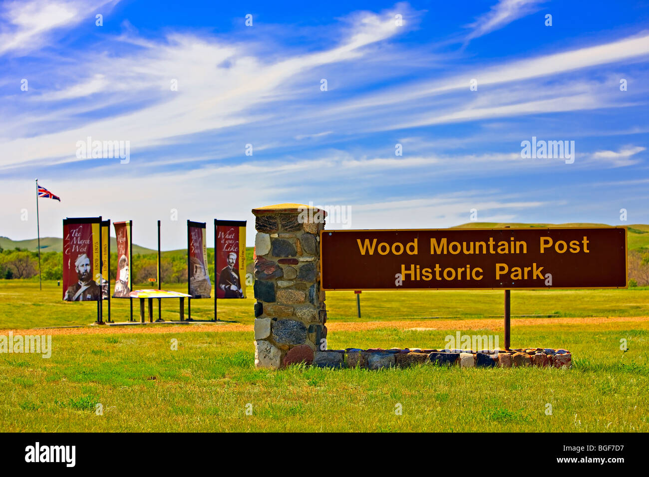 Panneau à l'entrée de Wood Mountain Post Provincial Historic Park, en Saskatchewan, Canada. Banque D'Images