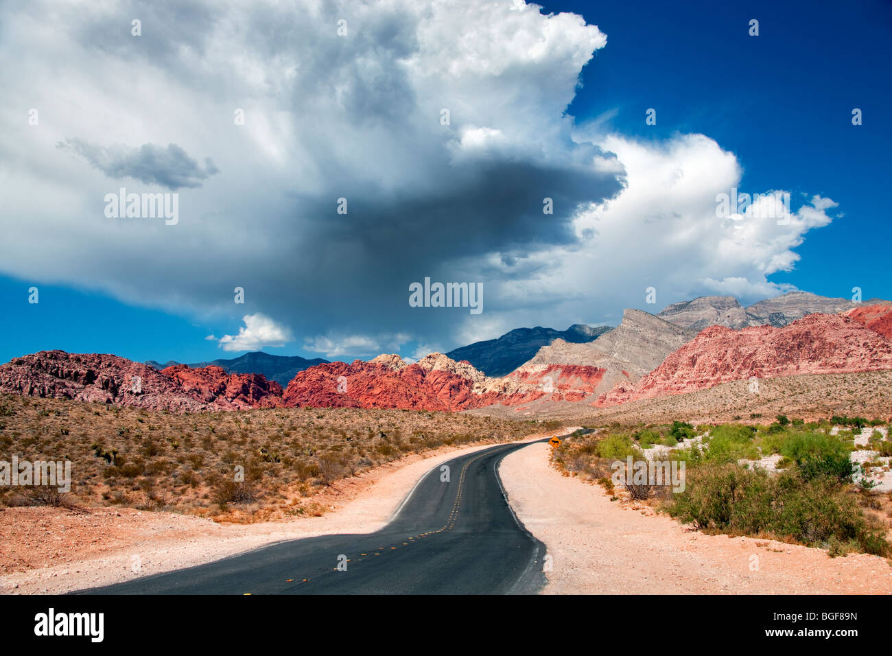 Road et de nuages d'orage avec des formations rocheuses dans le Red Rock Canyon National Conservation Area, Nevada Banque D'Images