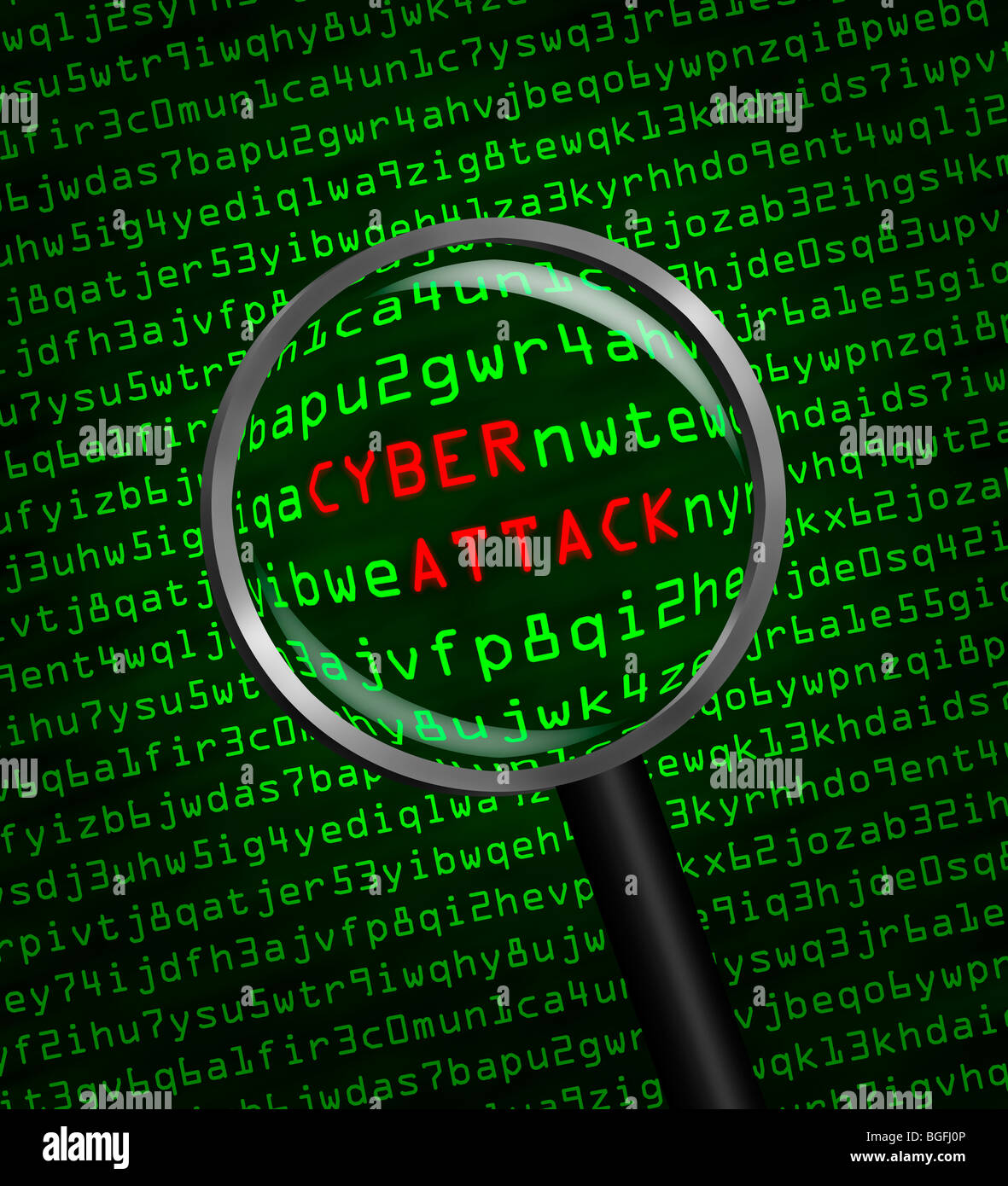 Les mots d'une attaque cybernétique révèle dans le code machine de l'ordinateur à travers une loupe Banque D'Images