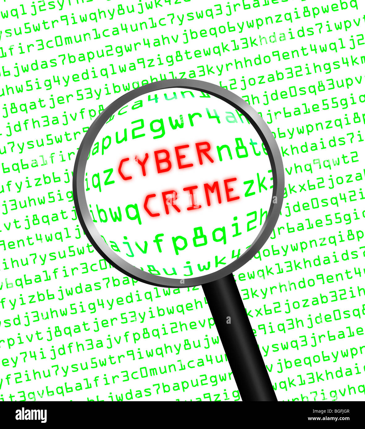 Les mots Cyber Crime révélé dans le code machine de l'ordinateur à travers une loupe en high key Banque D'Images