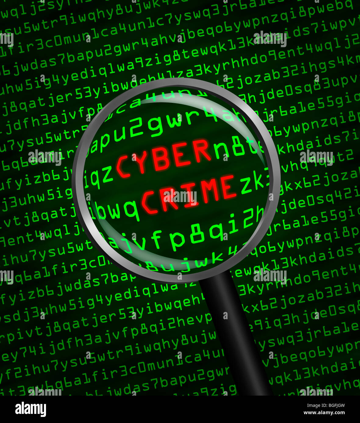 Les mots Cyber Crime révélé dans le code machine de l'ordinateur à travers une loupe Banque D'Images