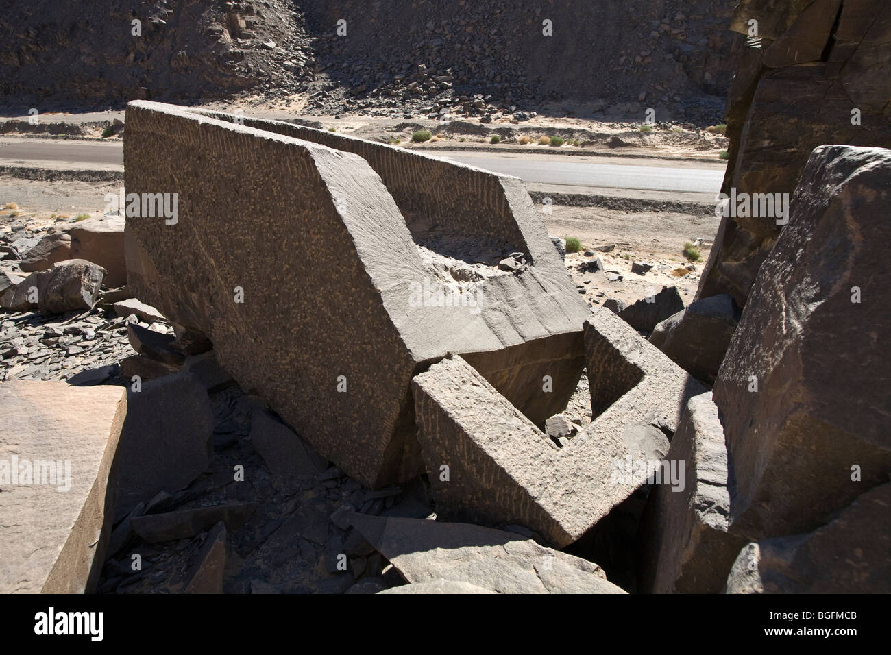 Sarcophage inachevé abandonné dans les carrières de schiste au Wadi Hammamat, les collines de la mer Rouge de l'Égypte. Banque D'Images