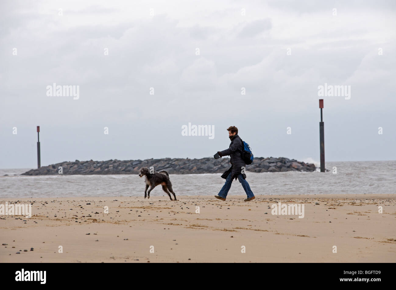 Femme promener son chien à proximité de récifs artificiels (rochers épis) construit pour la protection contre l'érosion côtière Banque D'Images