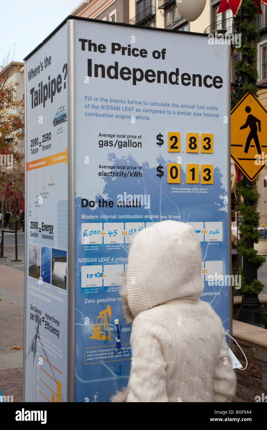 Poster en comparant les coûts de la conduite d'une voiture à gaz par rapport à un véhicule électrique. La Nissan LEAF devrait être publié en 2010. Banque D'Images