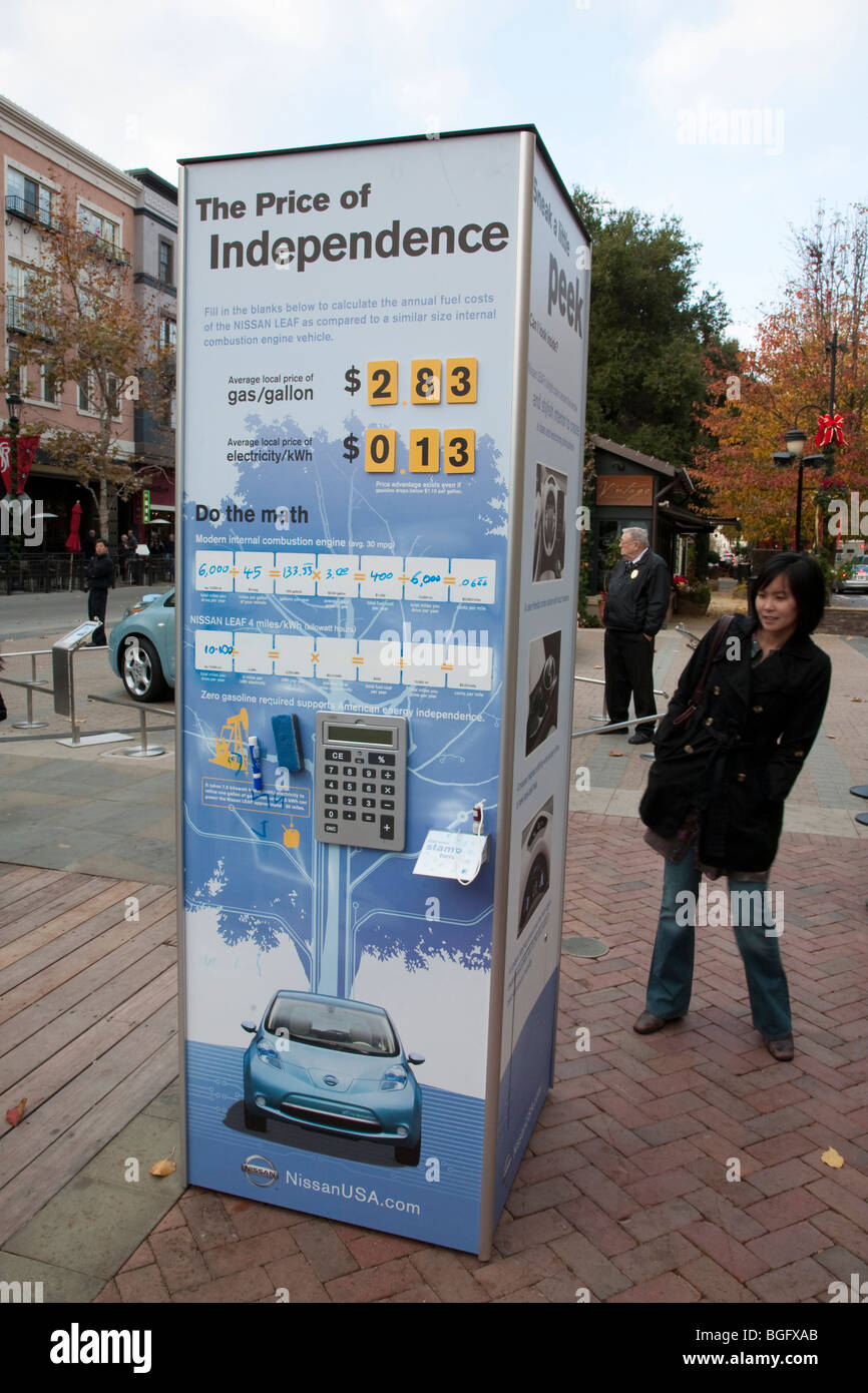 Femme lisant poster sur la voiture électrique Nissan Leaf qui devrait être publié en automne 2010. Banque D'Images