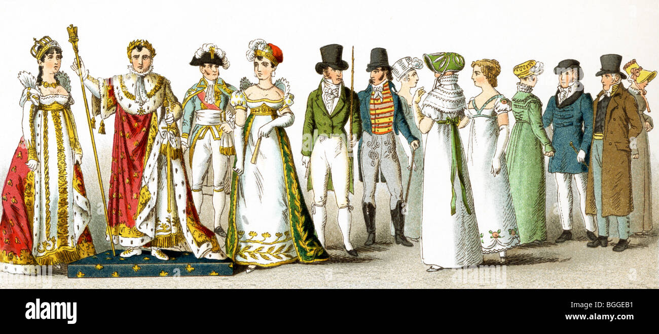 De gauche à droite : l'Impératrice Joséphine, Napoléon I en robes de couronnement en 1804, et en français mesdames et messieurs de 1804-1812. Banque D'Images