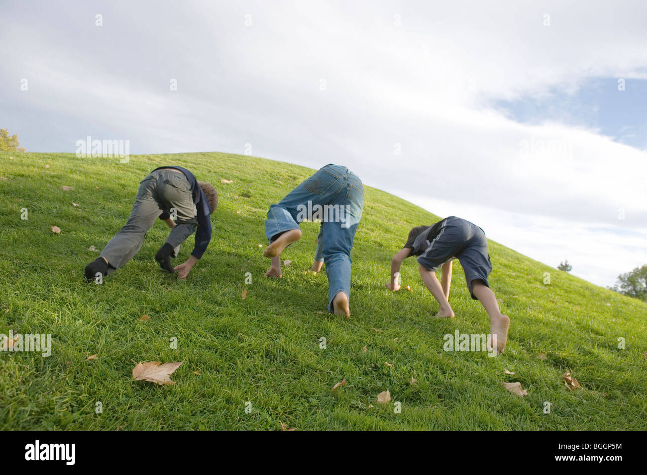 Trois garçons ayant une course, monte une colline herbeuse à quatre pattes Banque D'Images