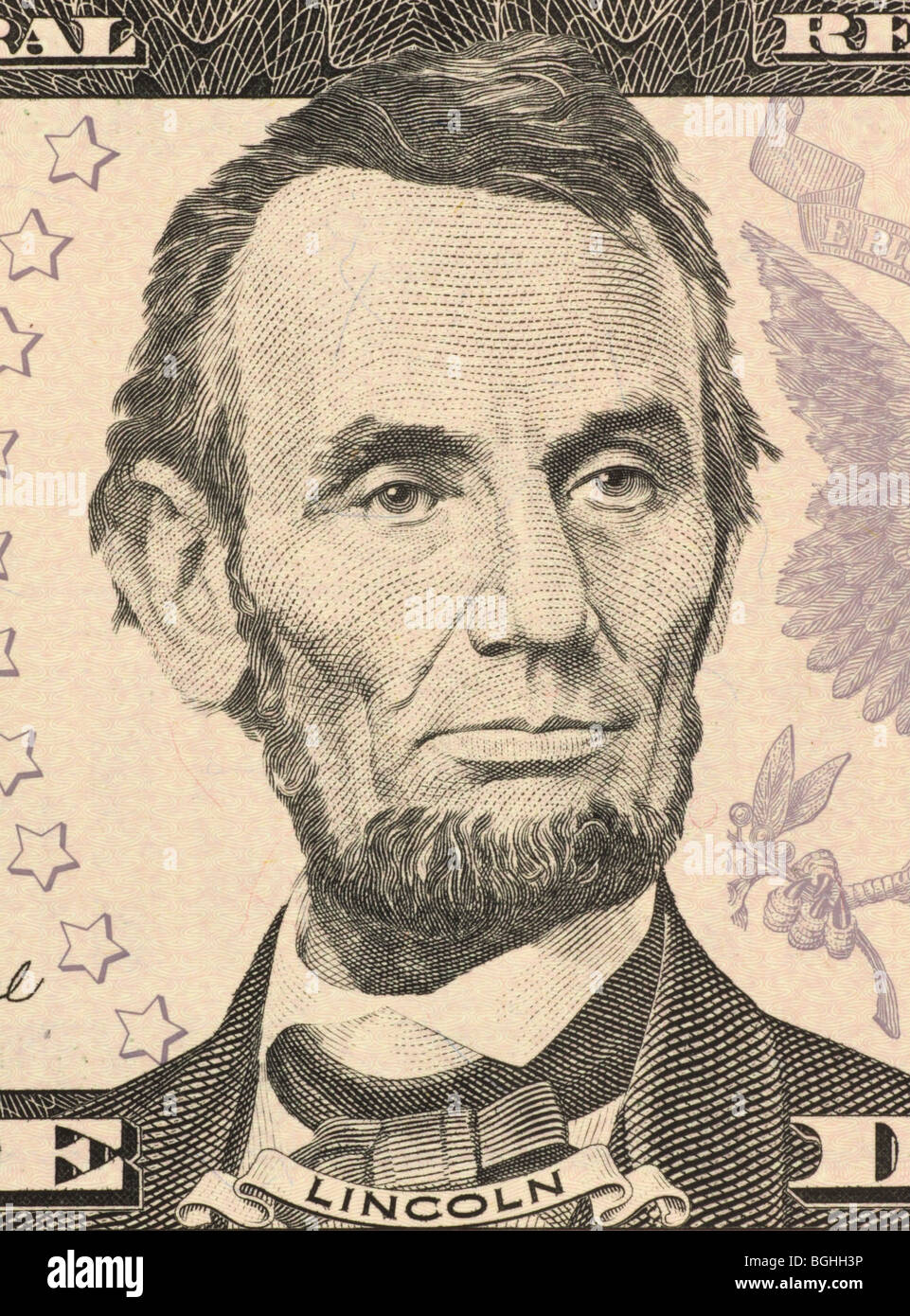 Abraham Lincoln sur 5 billet de 2006 dollars des États-Unis 16e président des États-Unis à partir de mars 1861 jusqu'à sa mort. Banque D'Images