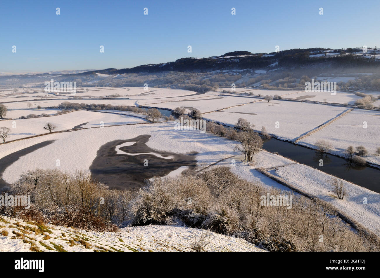 Oxbow congelé dans la vallée de la Tywi vers Carmarthen Fans Carmarthenshire Wales Cymru UK GO Banque D'Images