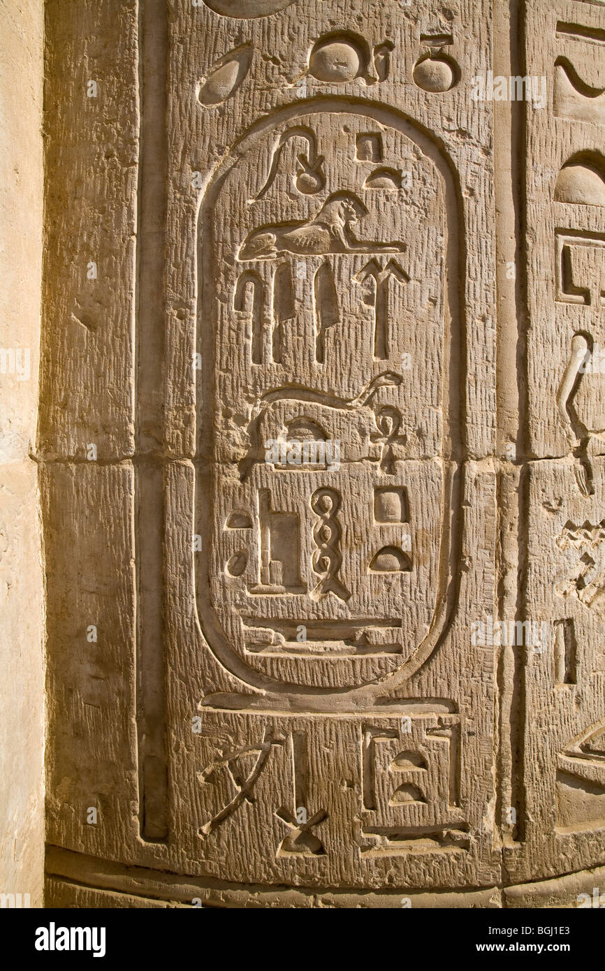 Cartouche de Ptolémée IX Soter (II) sur le pilier dans le Temple de Sobek et Haroeris à Kom Ombo dans la vallée du Nil, de la Haute Égypte Banque D'Images