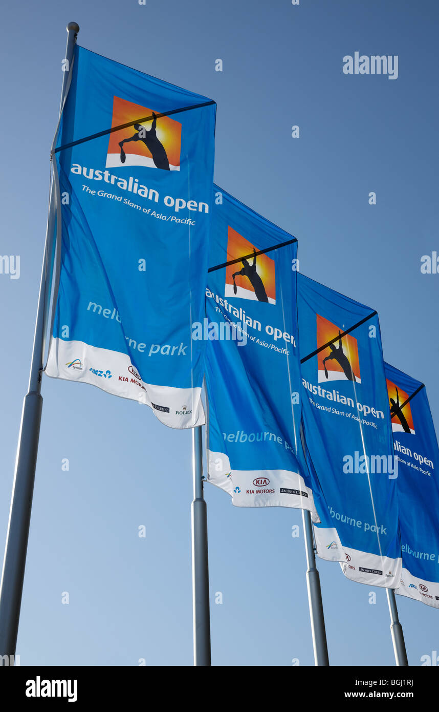 Drapeaux pour l'Australian Open Tennis Championships à Melbourne Banque D'Images