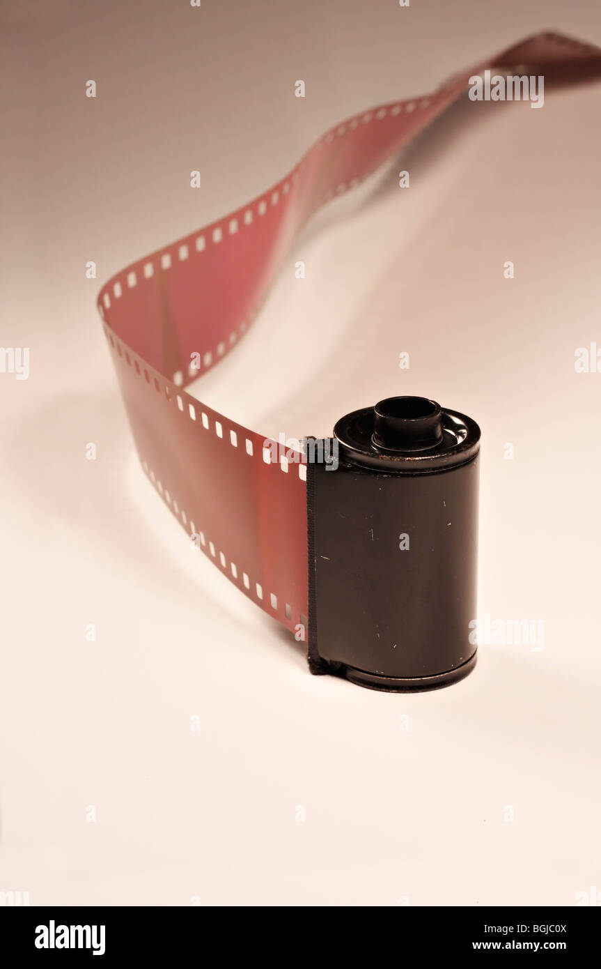 Rouleau de film de 35 mm sur fond blanc. Banque D'Images
