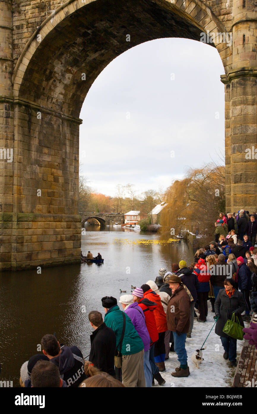 La foule à regarder la course de canards au nord Yorkshire Angleterre Knaresborough Banque D'Images