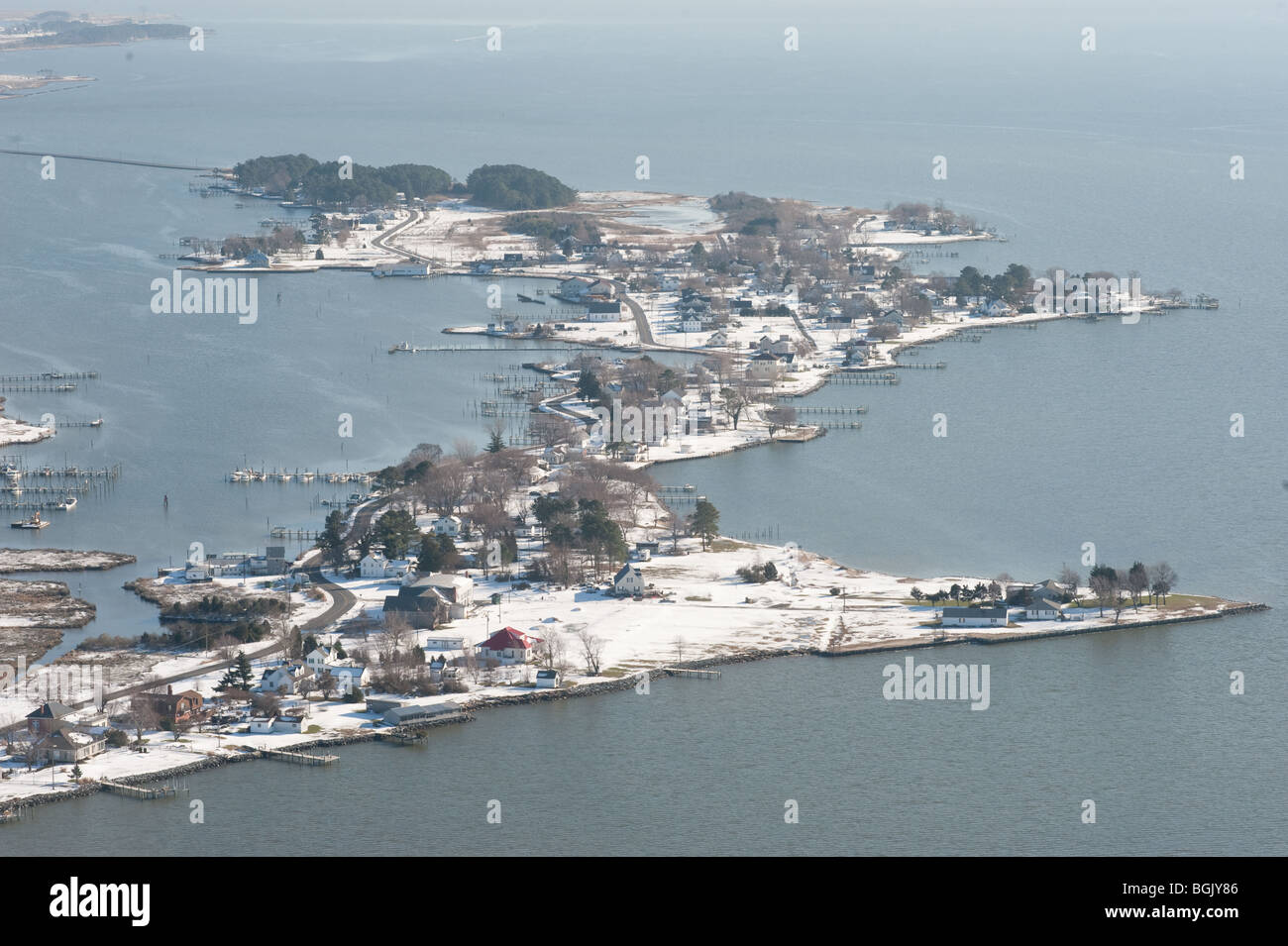 L'île Hooper, le comté de Dorchester dans le Maryland à partir de l'air avec de la neige Banque D'Images