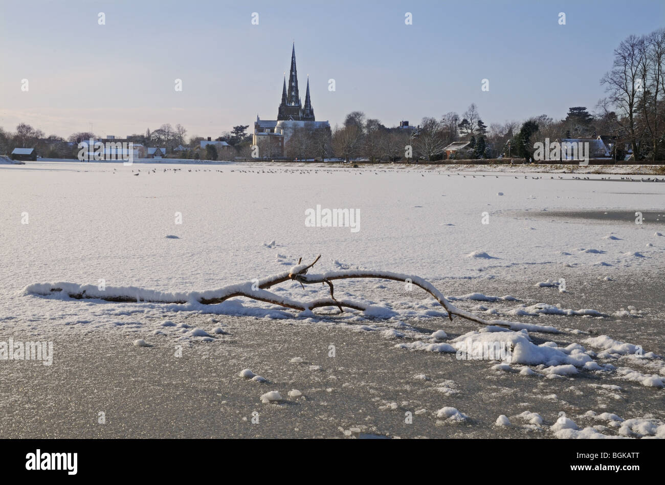 Trois spires cathédrale et Stowe congelé avec piscine bois tombés sur la glace on snowy winter's day 2010 Angleterre Lichfield Banque D'Images