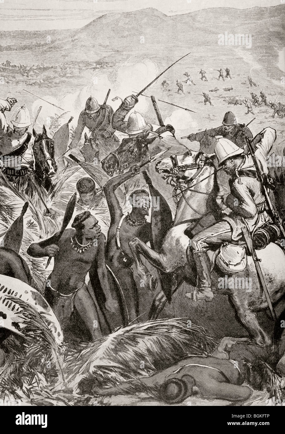 Anglais et zoulous clash à la bataille d'Ulundi durant la guerre de 1879 Anglo-Zulu. Banque D'Images