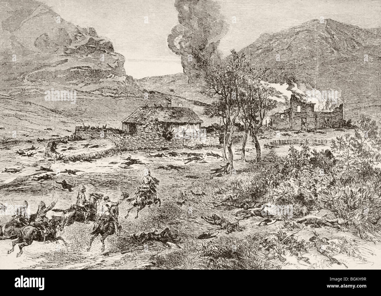 La colonne de secours britannique arrive à Rorke's Drift, province Kwa-Zulu-Natal, Afrique du Sud, après la bataille. Banque D'Images